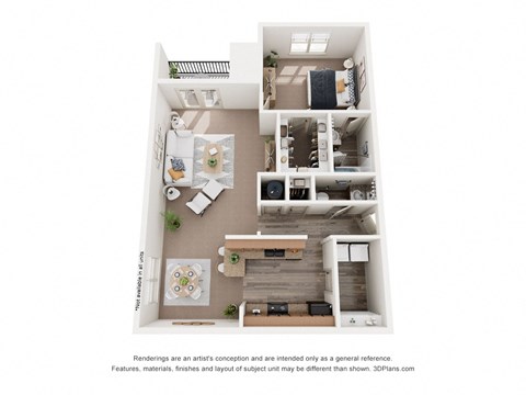 a stylized floor plan of a 1 bedroom apartment